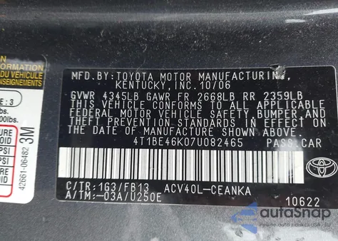 2007 Toyota Camry Ce/Le/Xle/Se from USA, damaged, VIN 4T1BE46K07U082465